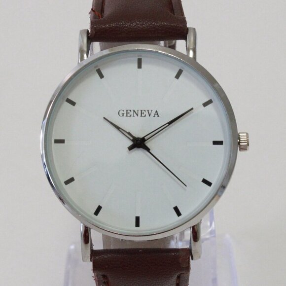 Men's Minimalist Fashion Watch Silver Case White Dial Brown Strap 40mm - Picture 6 of 14
